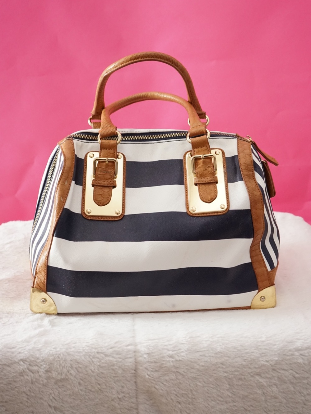 ⁠ALDO Nautical Striped Satchel Handbag Navy White Cognac Gold Hardware⁠
